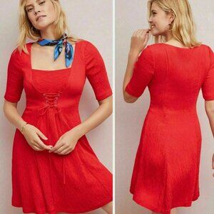 Maeve for Anthropologie red Juliet corseted dress.
